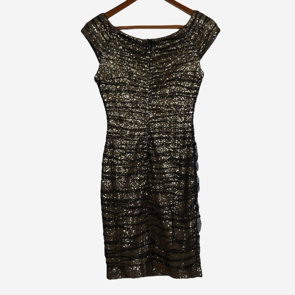 Lauren Ralph Lauren Evening Dress Size 8 Gold Sequined Black Tulle Stretch - Picture 4 of 12